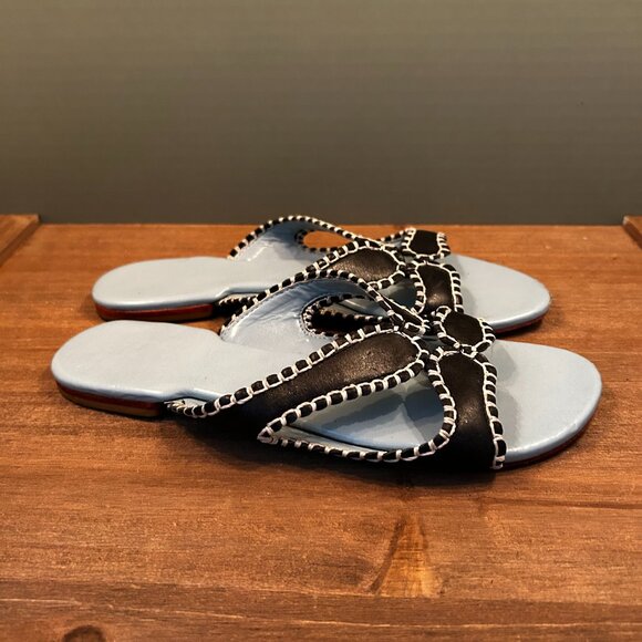 Frances Valentine Womens Meredith Blanket Stitch Slide Sandals Blue Leather 7B - Picture 6 of 8